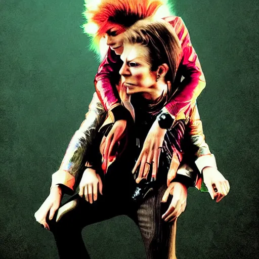 Image similar to david bowie getting a piggy back ride from ziggy stardust, digital art, glam rock