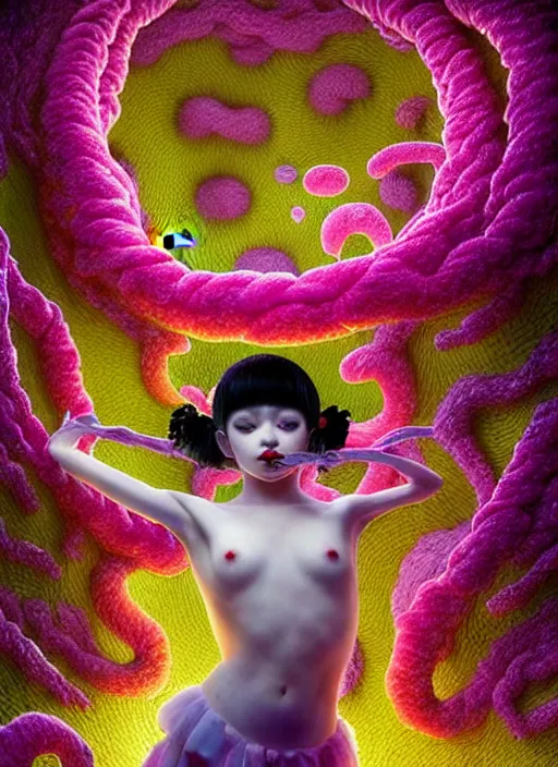 Image similar to hyper detailed 3d render like a Oil painting - kawaii portrait Aurora (black haired Fae acrobat) seen Eating of the Strangling network of yellowcake aerochrome and milky Fruit and Her delicate Hands hold of gossamer polyp blossoms bring iridescent fungal flowers whose spores black the foolish stars by Jacek Yerka, Mariusz Lewandowski, Houdini algorithmic generative render, Abstract brush strokes, Masterpiece, Edward Hopper and James Gilleard, Zdzislaw Beksinski, Mark Ryden, Wolfgang Lettl, hints of Yayoi Kasuma, octane render, 8k