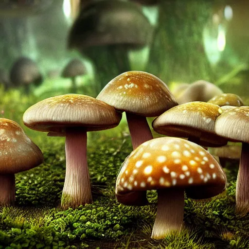 Prompt: ultra realistic hdr photo of mushrooms growing on an ancient alternative exotic alien planet in a galaxy far far away