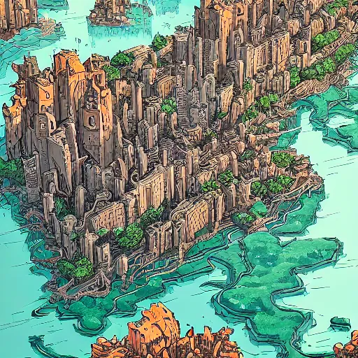 Image similar to a birds eye view overlooking a cell shaded cartoon a walled off ancient fantasy city surrounded by mountains and trees of greens and browns, rivers and lakes, the city is being besieged by monsters, concept art by josan gonzales and wlop, Laurie Greasley and james jean, highly detailed, sharp focus, Trending on Artstation, HQ, deviantart, art by artgem