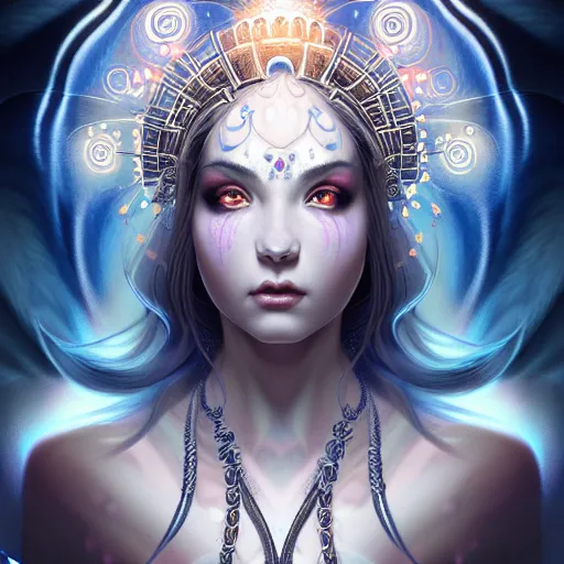 Prompt: a symmetrical portrait of a mystical feminine creature with glowing energies and particals, metal scales, surrounded by spirits, gloomy cinematic lighting, highly detailed, illustrated novel, by artgerm and miura