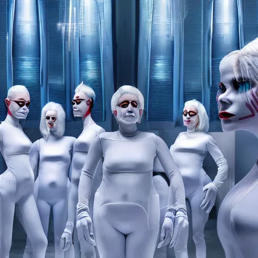 Image similar to troop of freak show women with white hair, white hair, tight light blue neopren suits, futuristic production facility, sci - fi, highly detailed, cinematic