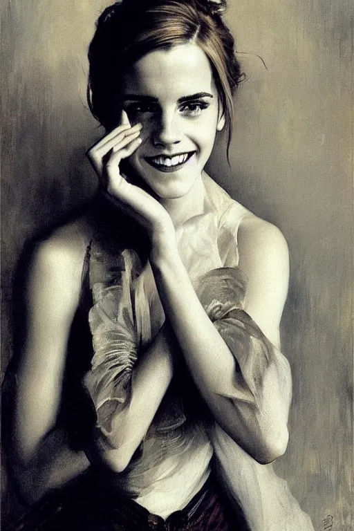 Image similar to emma watson smiling detailed portrait painting by gaston bussiere craig mullins j. c. leyendecker photograph by richard avedon peter lindbergh