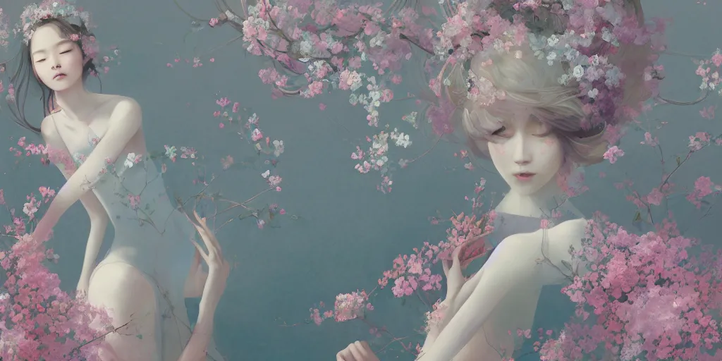 Image similar to breathtaking delicate detailed concept art painting pattern amalgamation flowers and girls, by hsiao - ron cheng, bizarre compositions, exquisite detail, pastel colors, 8 k