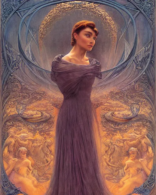 Image similar to matte painting portrait shot, beautiful colourful audrey hepburn, detailed and intricate by jean delville, gustave dore and marco mazzoni, art nouveau, symbolist, visionary, gothic, pre - raphaelite