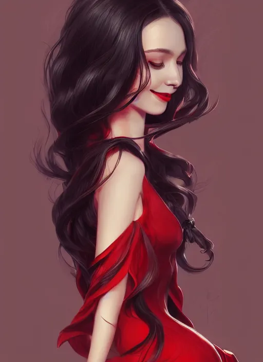 Image similar to a highly detailed illustration beautiful long black haired woman wearing red dress, elegant smiling pose, perfect face, perfect body, intricate, elegant, highly detailed, centered, digital painting, artstation, concept art, smooth, sharp focus, league of legends concept art, wlop