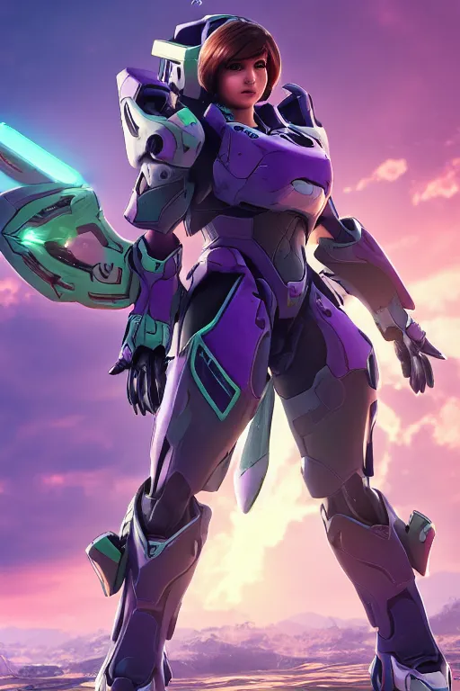 Image similar to character design d. va from overwatch in a spartan mjolnir mkv armor from halo. halo reach. with two pistols, akimbo. halo 3 poster style background. render style. 8 k. realistic