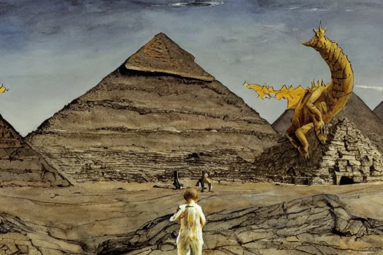 Prompt: andrew wyeth painting of king ghidorah standing between the pyramids in egypt,