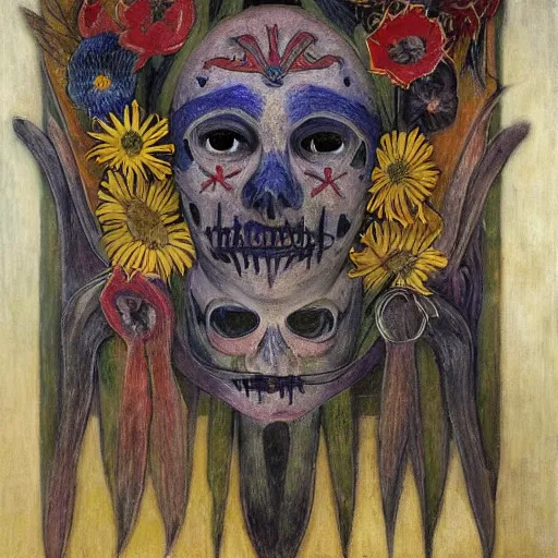 Image similar to masterpiece painting of a facemask made of flowers, by annie swynnerton and jean delville and tino rodriguez and diego rivera, flower shaman, spooky dark eldritch art, art brut, symbolist, dramatic lighting, god rays, elaborate geometric ornament, clean crisp graphics, soft cool colors, smooth sharp focus, extremely detailed, adolf wolfli