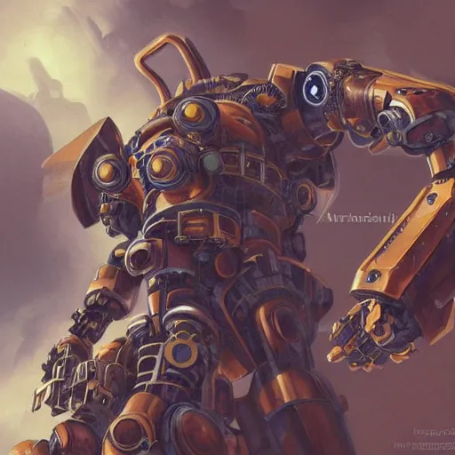 Prompt: painting of a steampunk mecha from above, high detail, digital painting, 8 k, by artgerm, concept art, game token