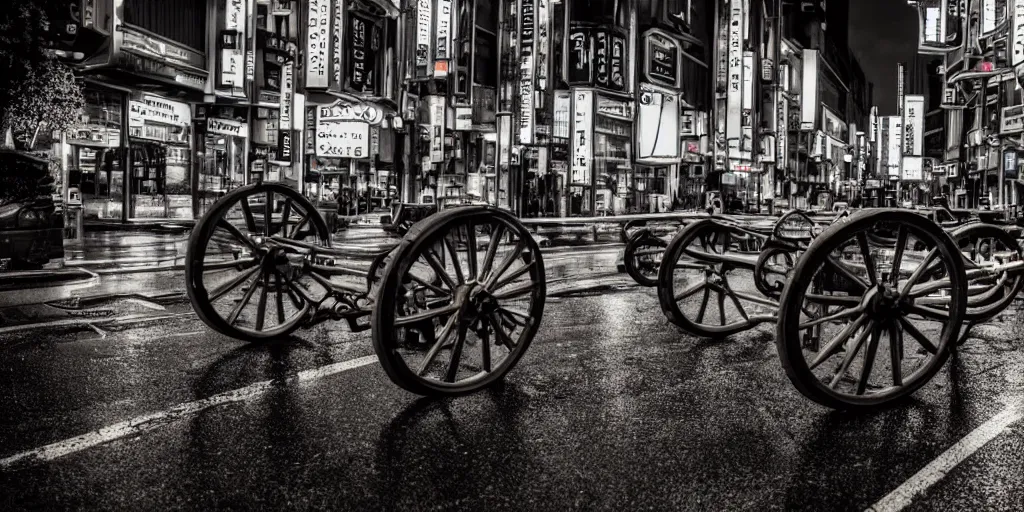 Image similar to close up macro shot of a roman charriot on wet tokyo street at night, intricate, hyper detailed, smooth, dramatic lighting, cinematic