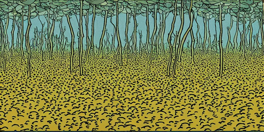 Image similar to Artwork of the Cinematic view of a diatoms forest by Hergé, Trending on artstation