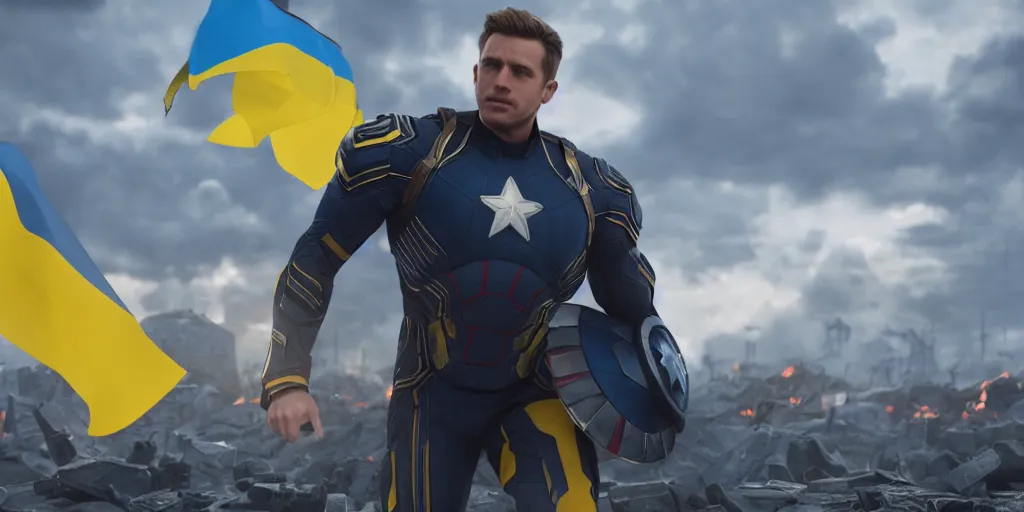 Image similar to an octane render of super soldier with Ukrainian blue and yellow flag at the battle field of avengers endgame, cinematic, high resolution film render 100k, photo realistic, unreal engine