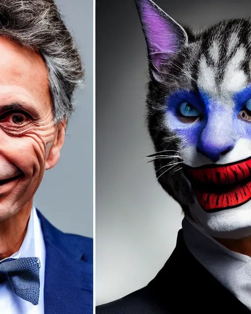 Image similar to Mauricio Macri in Elaborate Cat Makeup and prosthetics designed by Rick Baker, Hyperreal, Head Shots Photographed in the Style of Annie Leibovitz, Studio Lighting, Mauricio Macri as the Joker as a cat