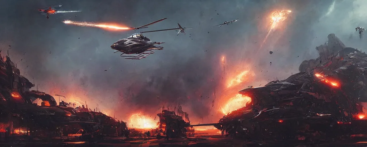 Image similar to a futuristic cyberpunk helicopter in war scene, epic scene, big explosion, by greg rutkowski