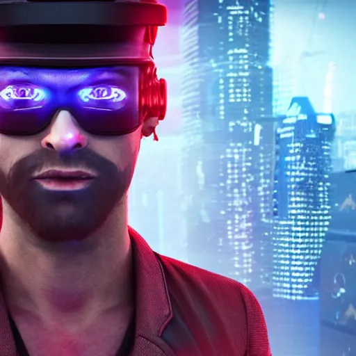 Image similar to a man wearing a hat from the future, cyberpunk background, highly detailed, epic lighting, 8 k