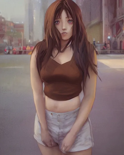 Prompt: mamiya 3 5 mm photo of a brown haired anime girl in a european city wearing a crop top, official art, half body shot, by jeremy lipking, by charlie bowater, by studio ghibli, photorealistic digital art, octane render, anime style