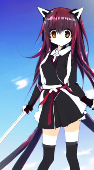 Image similar to Anime Screenshot of a “red-eyed black-haired anime fox girl” wearing black fingerless-gloves, high-waist-black-skirt, white-collared-shirt blue-open-jacket, black-necktie, unsheathing her katana, white background, visual-key, anime illustration, pixiv, anime-twitter