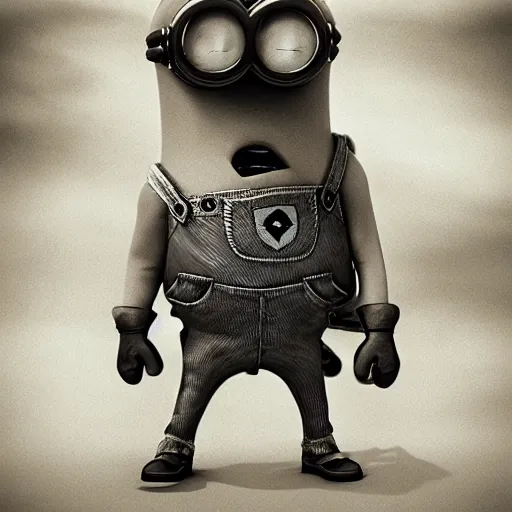 Image similar to Minion, George Miller, Photorealistic, Hyper detailed, desert, post apocalyptic, fire, dust, black and white