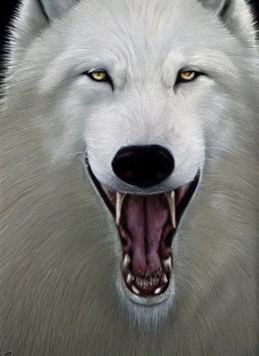 Image similar to a realistic white wolf head seen from the side, fantasy art, art by collin bogle