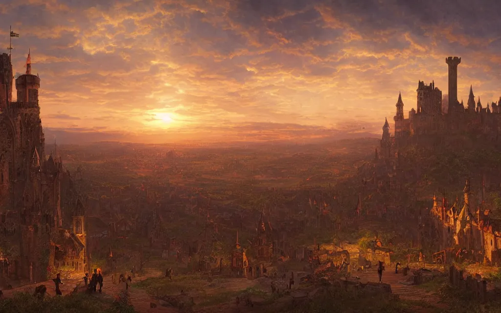 Image similar to large sprawling medieval city, steampunk, sunset in the distance, distant castle on a hill, cinematic lighting, intricate ink illustration, by albert bierstadt