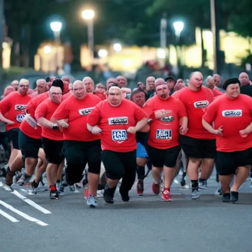 Image similar to a horde of obese men running towards a light in the darkness.