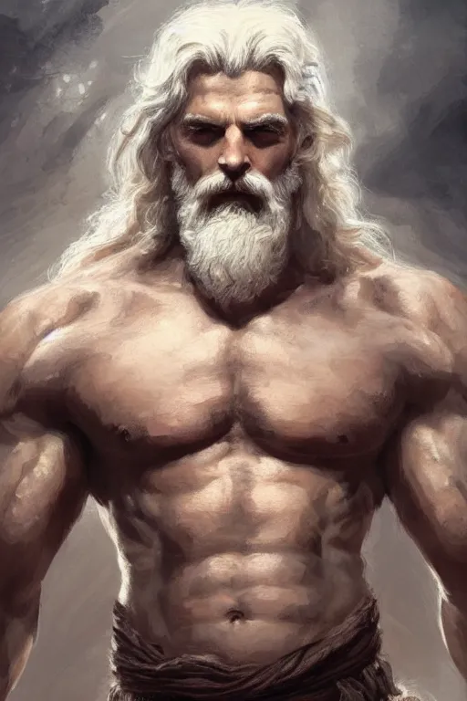 Image similar to painted portrait of rugged zeus, god of thunder, greek god, white hair, masculine, mature, handsome, upper body, muscular, hairy torso, fantasy, intricate, elegant, highly detailed, digital painting, artstation, concept art, smooth, sharp focus, illustration, art by gaston bussiere and greg rutkowski