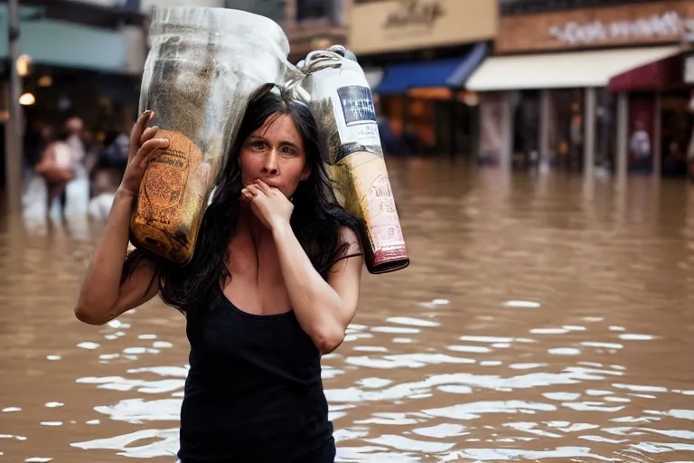 Prompt: closeup portrait of a woman carrying bottles of wine over her head in a flood in Rundle Mall in Adelaide in South Australia, photograph, natural light, sharp, detailed face, magazine, press, photo, Steve McCurry, David Lazar, Canon, Nikon, focus