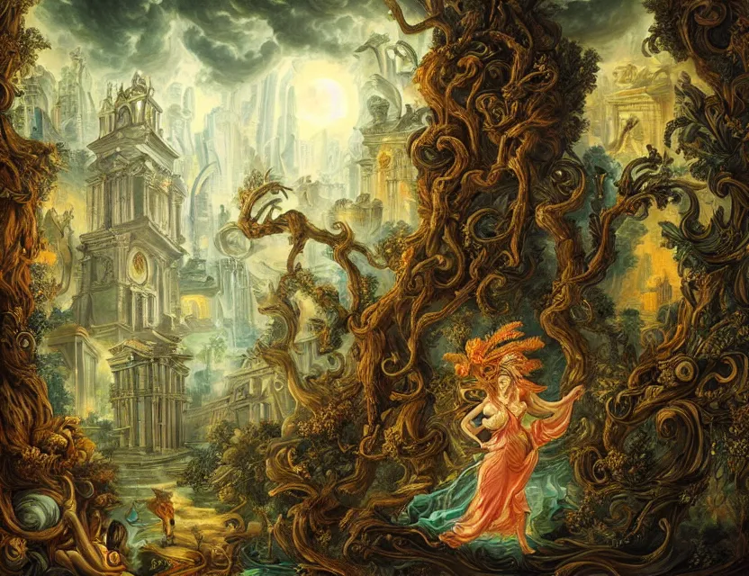 Prompt: forest spirit lost in a metropolis. this rococo painting by the award - winning artist has dramatic lighting, an interesting color scheme and intricate details.