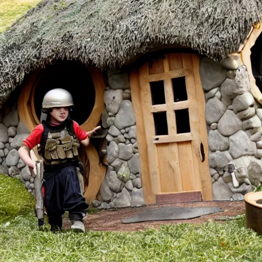 Image similar to a kid in swat gear storming a hobbit house.