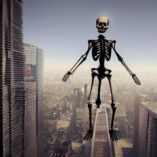 Prompt: large human skeleton ascending the side of a ( ( skyscraper ) ) using his hands, 8 k, volumetric lighting, epic scale, surrealism, hyperrealistic, aesthetic octane render