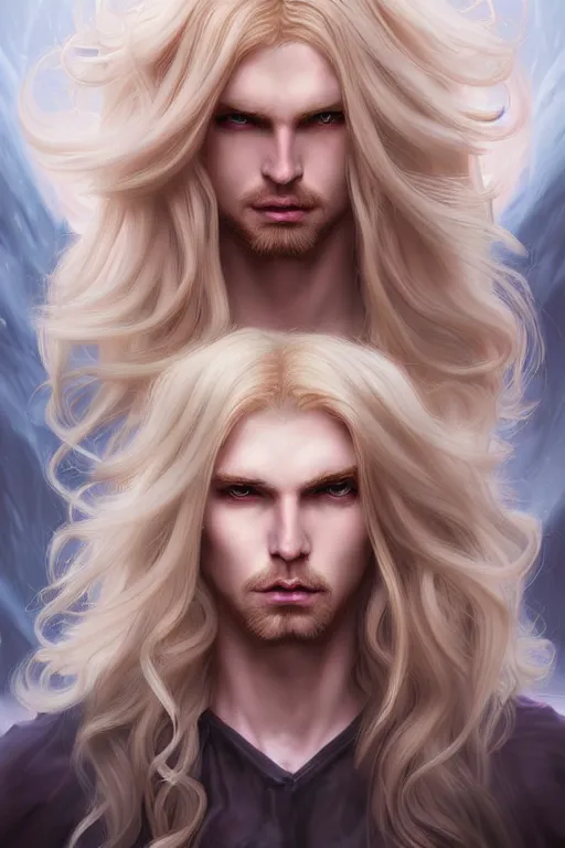 Prompt: digital art of a pale menacing male Angel of Battle with long blond curls of hair and piercing eyes, central composition, he commands the fiery power of resonance and wrath, very very long blond curly hair with bangs!!!, Center parted bangs, fringe, baroque curls, by Ross Tran Rossdraws and WLOP, Artstation, CGsociety