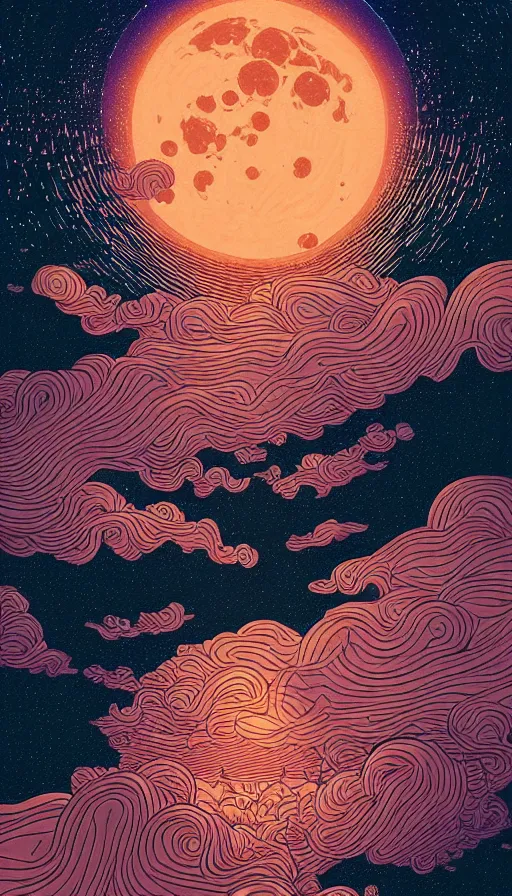 Image similar to copper full moon floating on cosmic cloudscape at sunset, futurism, dan mumford, victo ngai, kilian eng, da vinci, josan gonzalez