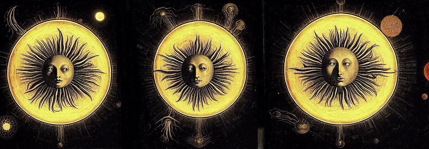 Image similar to a giant sun sings a unique canto about'as above so below'to the the moon, while being ignited by the spirit of haeckel and robert fludd, breakthrough is iminent, glory be to the magic within, in honor of saturn, painted by ronny khalil