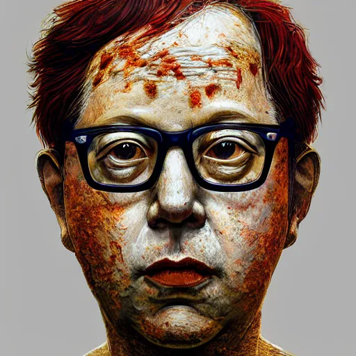 Image similar to a beautiful photorealistic portrait of todd solondz, made of clay covered in clay stained with mud, detailed, sharp focus, by stanley artgerm lau, wlop, rossdraws, james jean, andrei riabovitchev, marc simonetti, yoshitaka amano