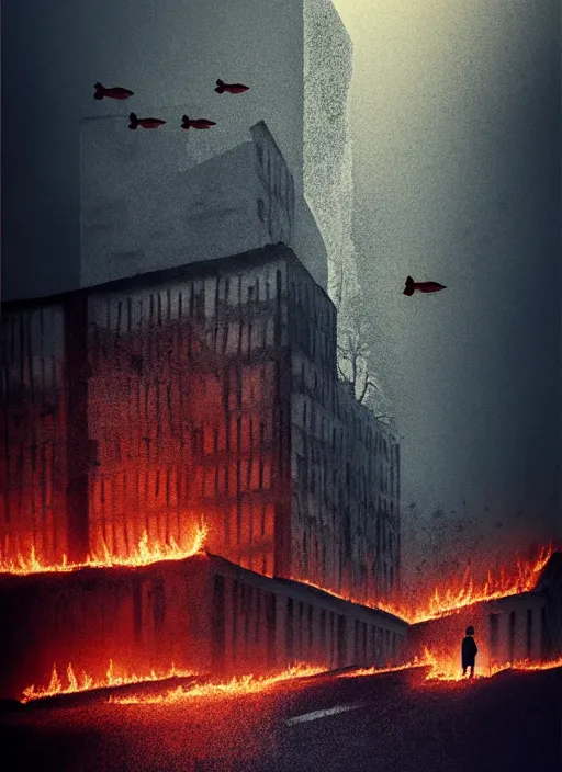 Image similar to city overgrowth on fire + a lone man + (((school of fish flying in the sky))) + (((habitat 67))), Mads Berg, Karolis Strautniekas, film noir, textured light, dramatic lighting,editorial illustration, detailed,fine texture, matte print, dark blue + dark orange, red, black, extreme perspective, volumetric