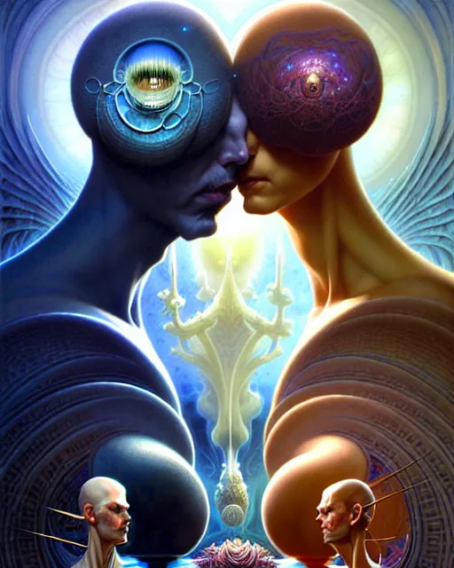 Image similar to two lovers facing each other, tarot card, fantasy character portrait made of fractals, ultra realistic, wide angle, intricate details, the fifth element artifacts, highly detailed by peter mohrbacher, hajime sorayama, wayne barlowe, boris vallejo, aaron horkey, gaston bussiere, craig mullins