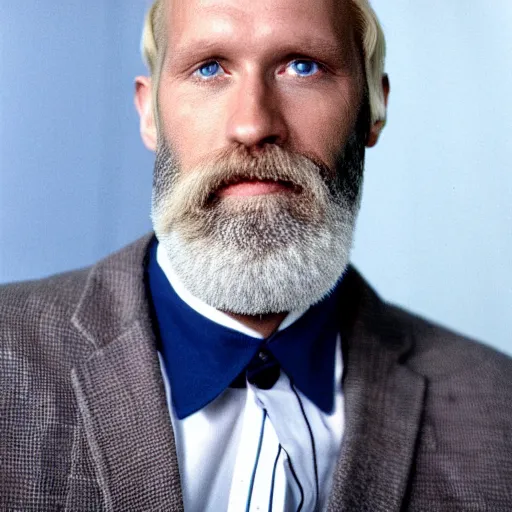 Image similar to color 35mm film still of a balding, middle aged blond man with a full blond beard and dark blue eyes, figure portrait