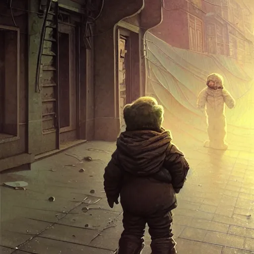 Image similar to A portrait of a kid with a dog on the street of a Soviet city on the moon, Norilsk, sci-fi, fantasy, intricate, very very beautiful, elegant, highly detailed, digital painting, artstation, concept art, smooth, sharp focus, illustration, art by artgerm and greg rutkowski and alphonse mucha