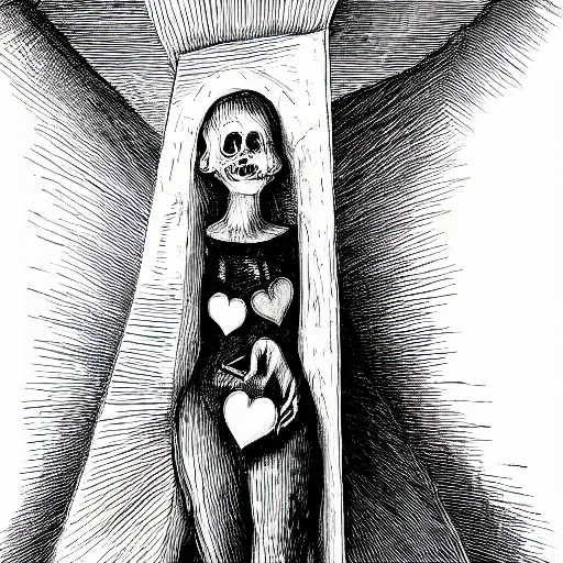 Image similar to ink drawing of zombie woman standing alone in a tunnel holding a heart by hieronymus bosch hyper realistic, dark fantasy detailed, high definition insanely detailed, bitter super - resolution microscopy dark lighting, x - ray black and white