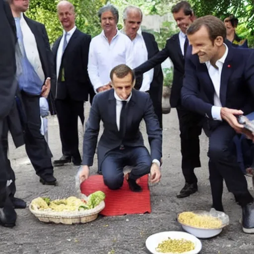 Image similar to barefoot macron, giving food to poor people, barefoot, french president, press photography