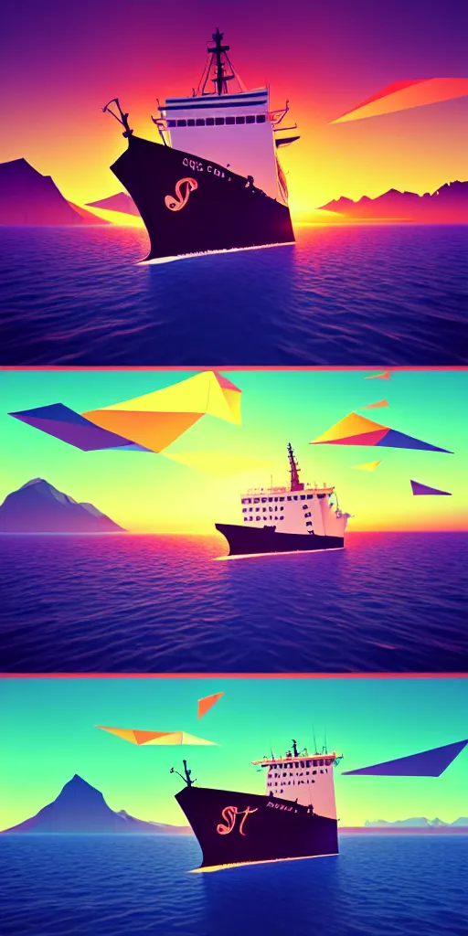 Image similar to super detailed color art, big graphic fishing ship on sunset view with polygonal mountains, unreal engine, high contrast color palette, 3 d render, lowpoly, colorful, digital art, perspective, full volume composition, syd mead