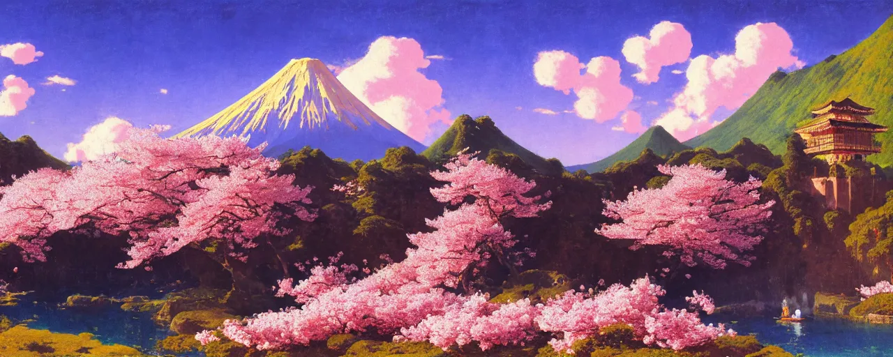 Image similar to ghibli illustrated background of a strikingly beautiful over a volcano with cherry blossom by vasily polenov, eugene von guerard, ivan shishkin, albert edelfelt, john singer sargent, 4 k