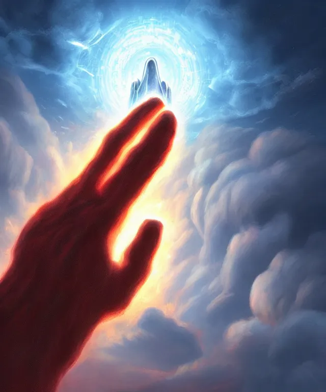 Prompt: a giant hand emerges from a portal in the sky, epic scale, in the art style of robbie trovino, digital painting, artstation, instagram, sharp focus, illustration, crisp 8 k lineart, surrealism