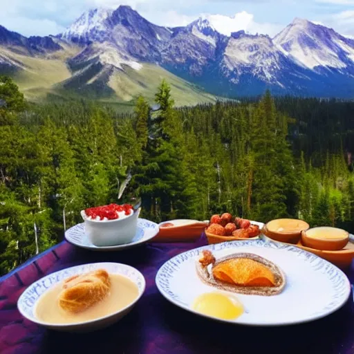 Prompt: beautiful breakfast with mountain view