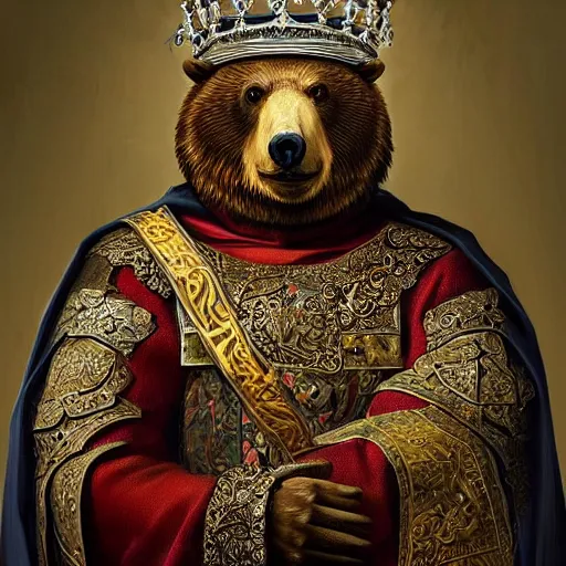 Image similar to “ an oil painting portrait of a bear wearing medieval royal robe and an ornate crown on a dark background ” digital art, concept art, highly detailed, 3 - d 4 k, trending on art station, award winning, mark brooks,