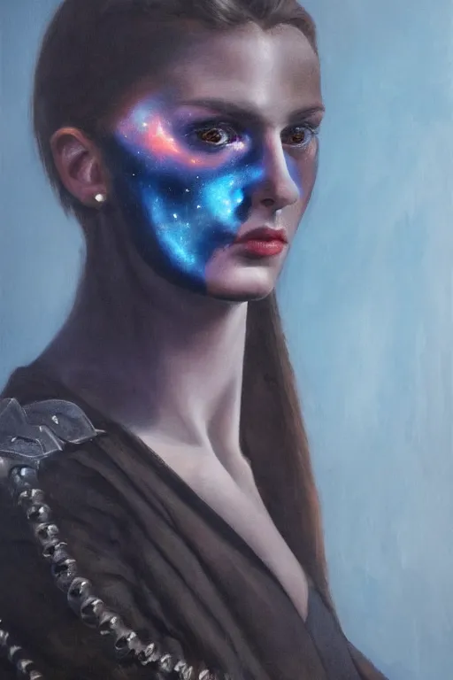 Image similar to hyperrealism oil painting, close - up portrait of european medieval brunette vampire fashion model, knight, steel gradient mixed with nebula sky, in style of baroque