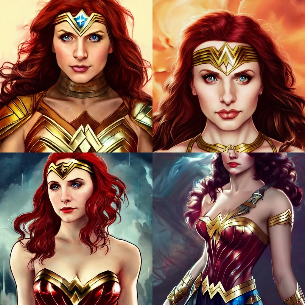 Prompt: Hayley Williams as Wonder Woman, cute, fantasy, intricate, elegant, highly detailed, digital painting, 4k, HDR, concept art, smooth, sharp focus, illustration, art by artgerm and H R Giger and alphonse mucha