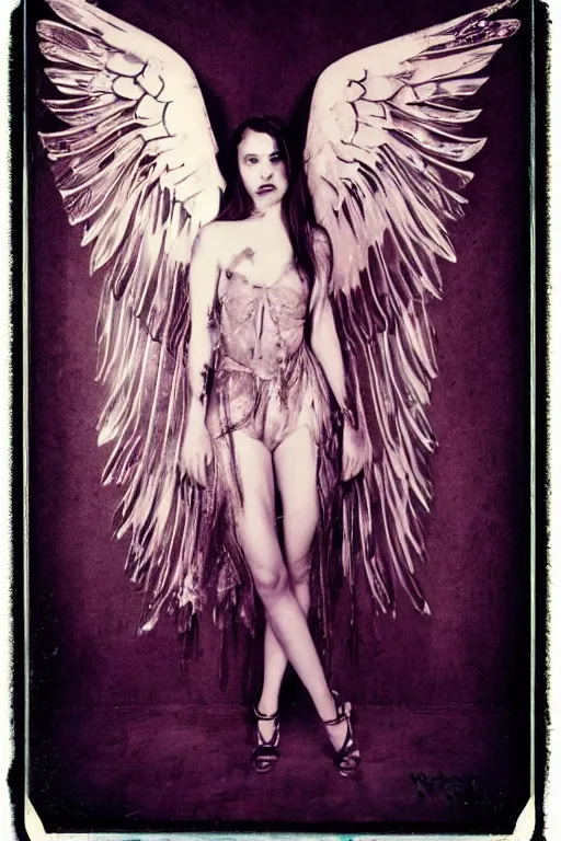 Image similar to crystal wings, waporwave polaroid, a greg rutkowsi photograph, devianart, metal acid deep colors, fallen angel of death, love broken