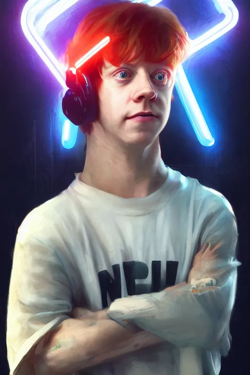 Image similar to portrait of Rupert Grint as Ron Wisly with visor in cyberpunk, neon lighting, night city, digital art from artstation by Ruan Jia and Mandy Jurgens and Artgerm and william-adolphe bouguereau and Greg Rutkowski